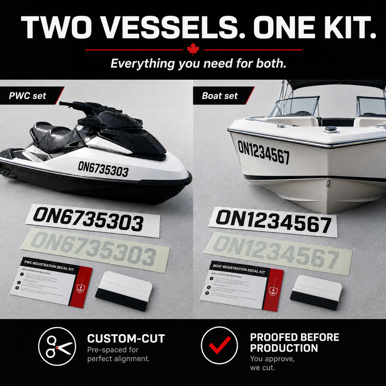 Two-vessel custom number kit with PWC set, boat set, transfer tape and application squeegee