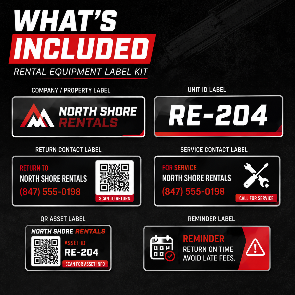 Rental equipment label kit includes company property label unit ID return contact service contact QR asset label and reminder label