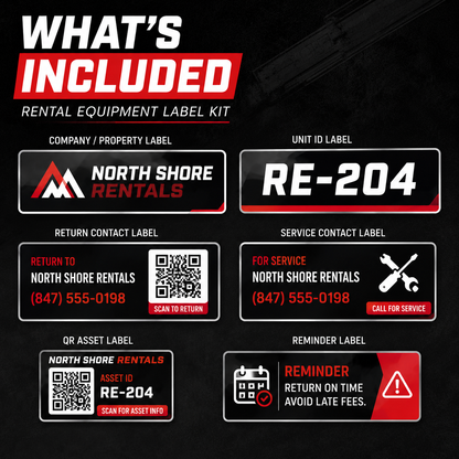 Rental equipment label kit includes company property label unit ID return contact service contact QR asset label and reminder label