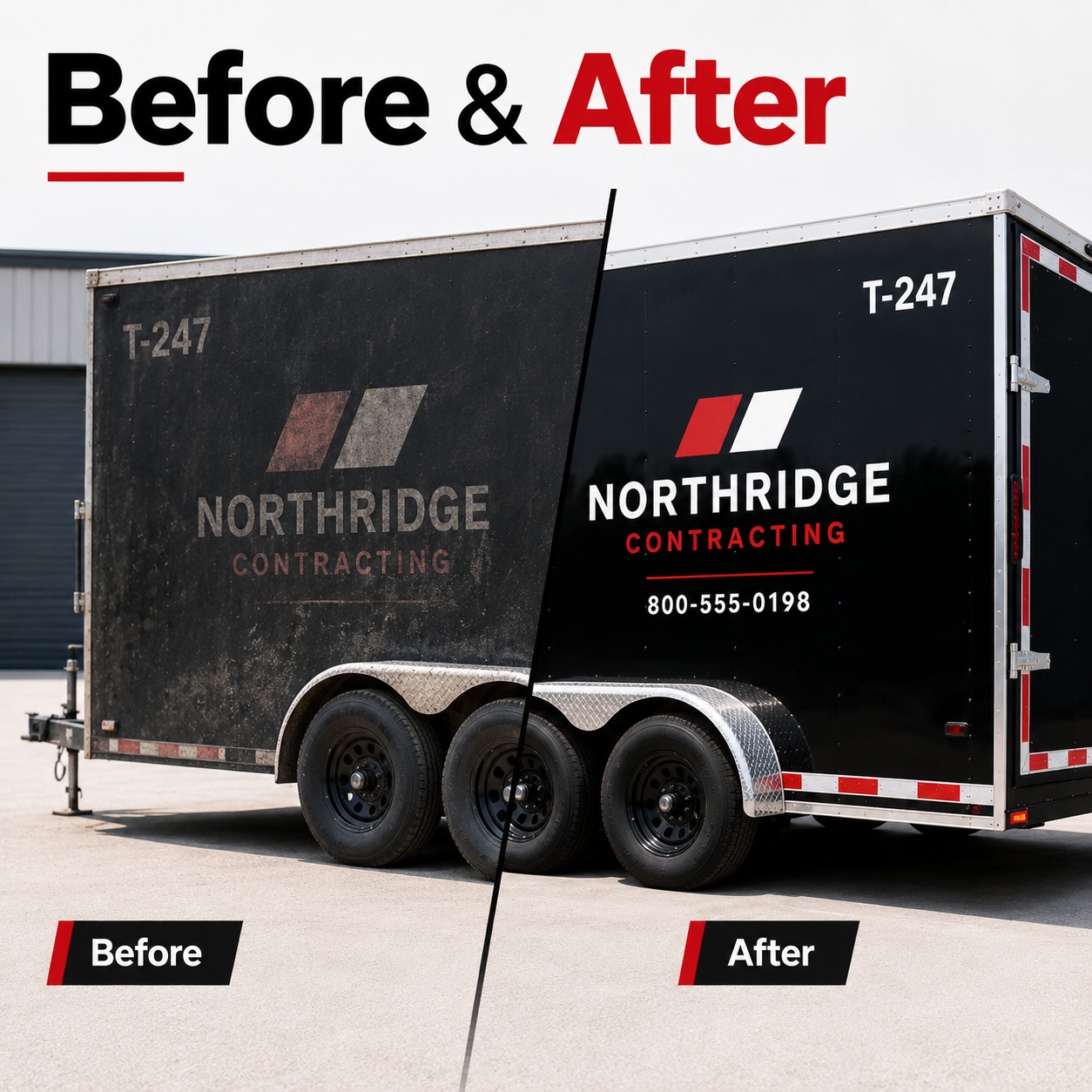 Before and after trailer refresh showing faded trailer decals and new DOT-C2 tape business name and unit numbers