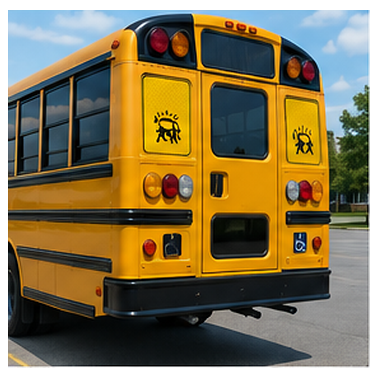 Installed Ontario school bus safety replacement markings on a yellow school bus rear and side