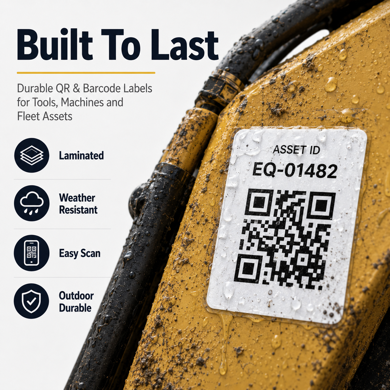 Durable laminated QR asset label on muddy heavy equipment with water resistance and easy scan callouts