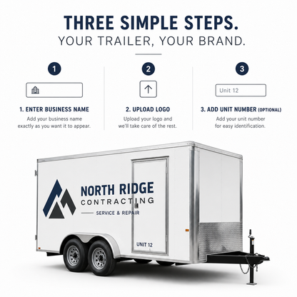 Three step custom trailer decal ordering process enter business name upload logo add unit number