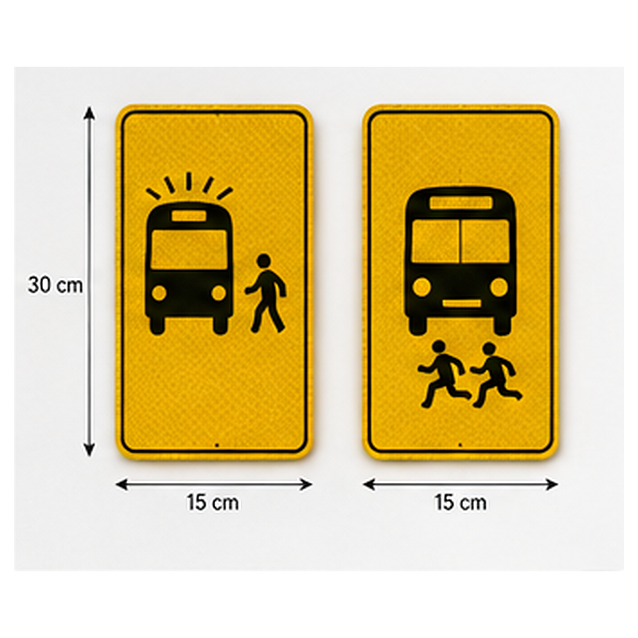 Rear fine-sign pair, one English and one French sign, 15cm x 30cm each, yellow reflective with black graphics