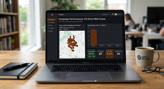 QR code scan tracking dashboard showing 47 scans and 97 percent delivery rate from direct mail campaign