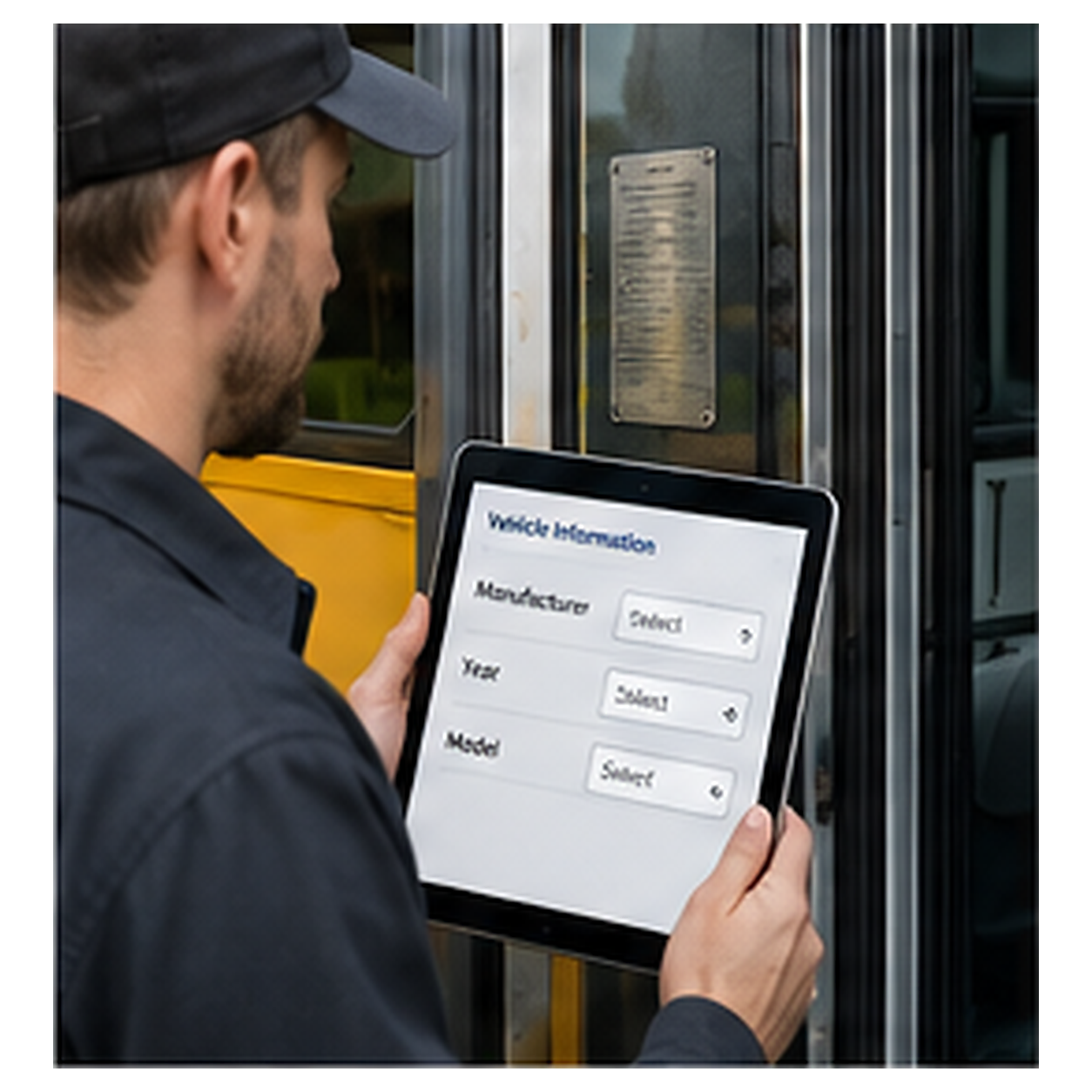 School bus manufacture-year review during safety-marking intake for correct wording selection