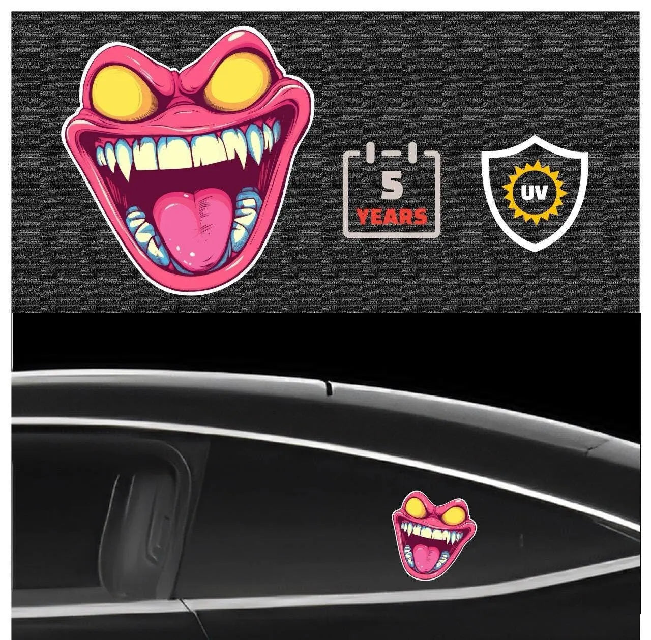 Here are a few options for alt text, keeping under 100 characters:

* **Jeep with monster face sticker on spare tire.**
* **G
