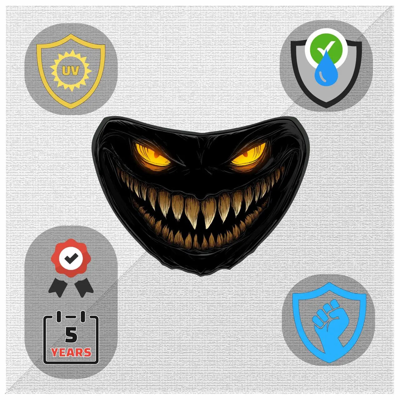 Here are a few options for alt text, keeping under 100 characters:

* **Scary monster face decal on car headlight.**
* **Car 
