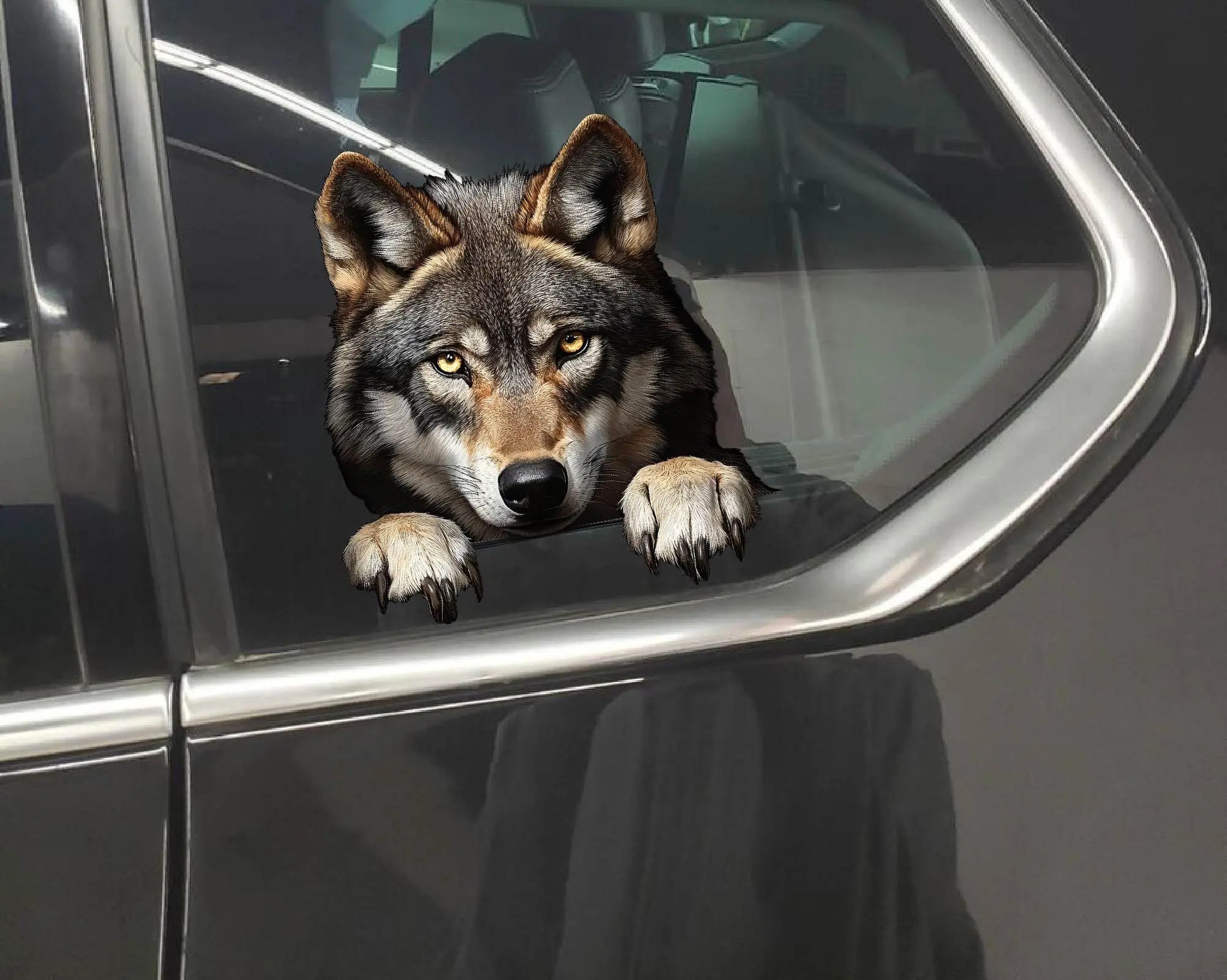 Wolf peeking over a fence, waterproof vinyl decal for cars and laptops