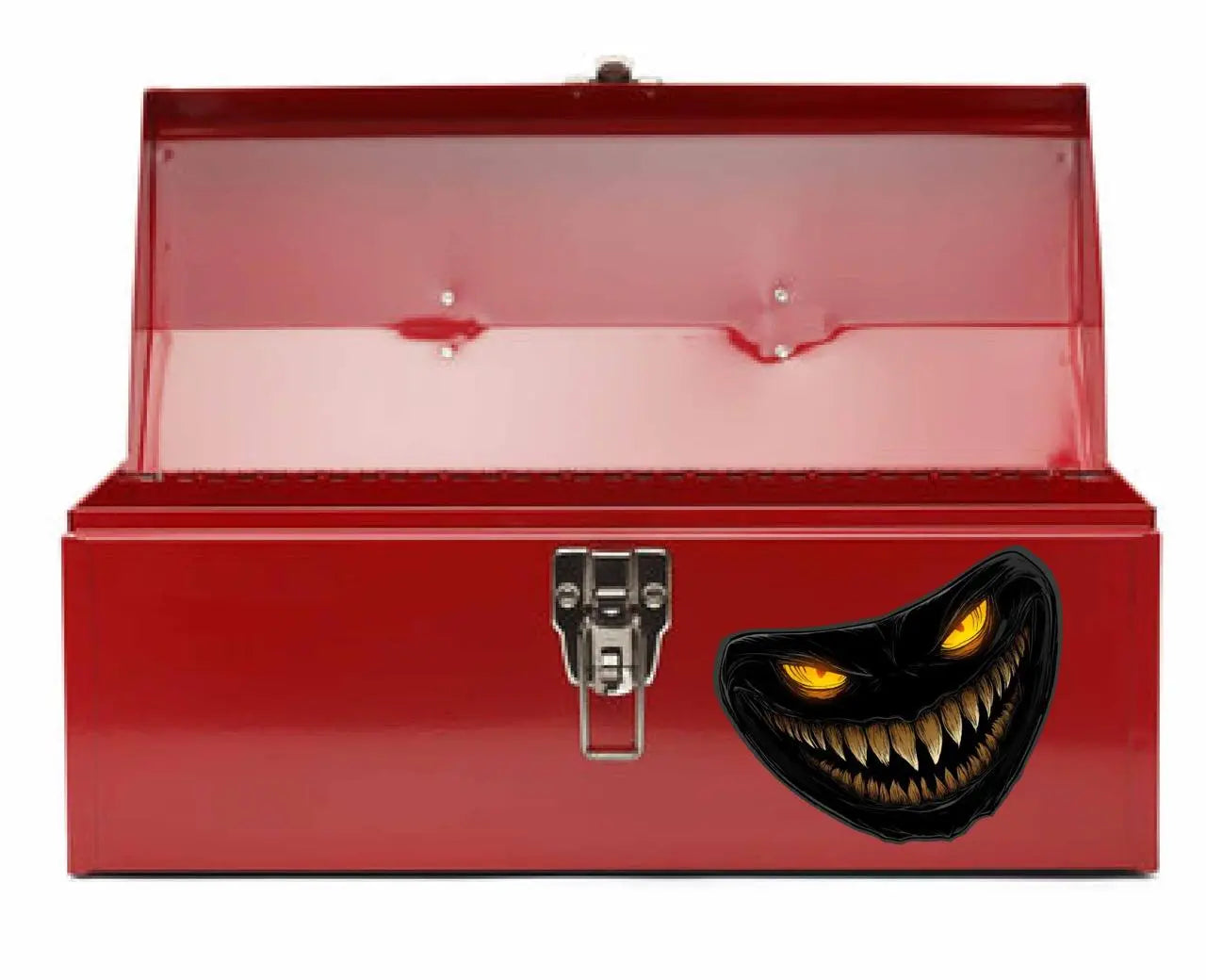 Here are a few options for alt text, keeping under 100 characters:

* **Scary monster face decal on car headlight.**
* **Car 