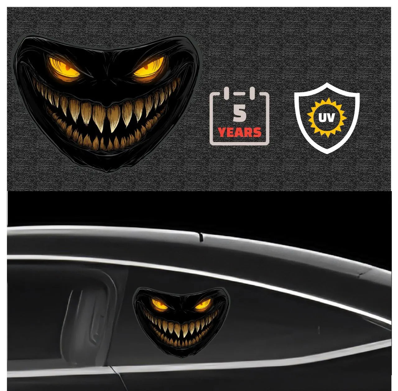 Here are a few options for alt text, keeping under 100 characters:

* **Scary monster face decal on car headlight.**
* **Car 