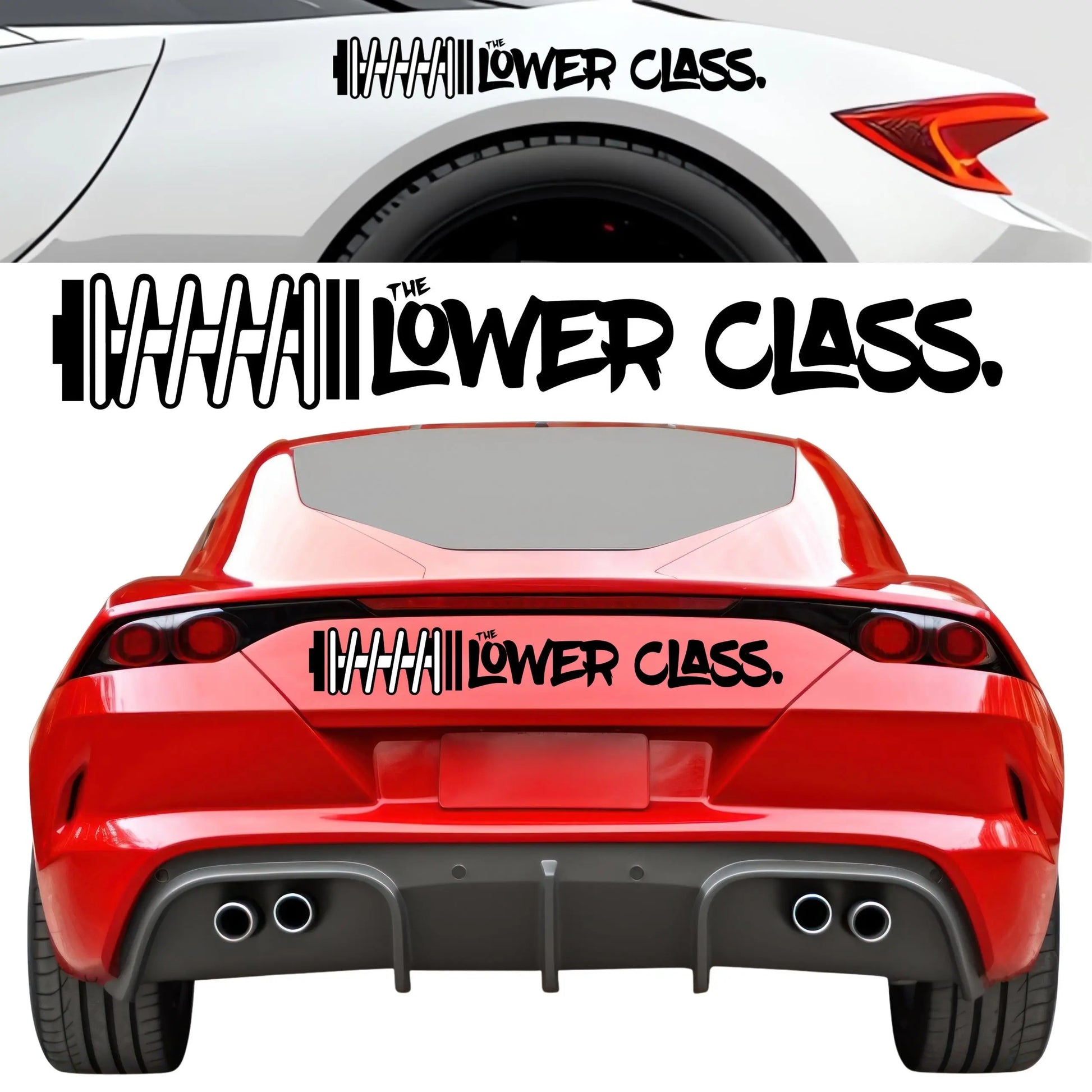 Weatherproof vinyl sticker on the side of a car. The decal is black and white with a red outline.