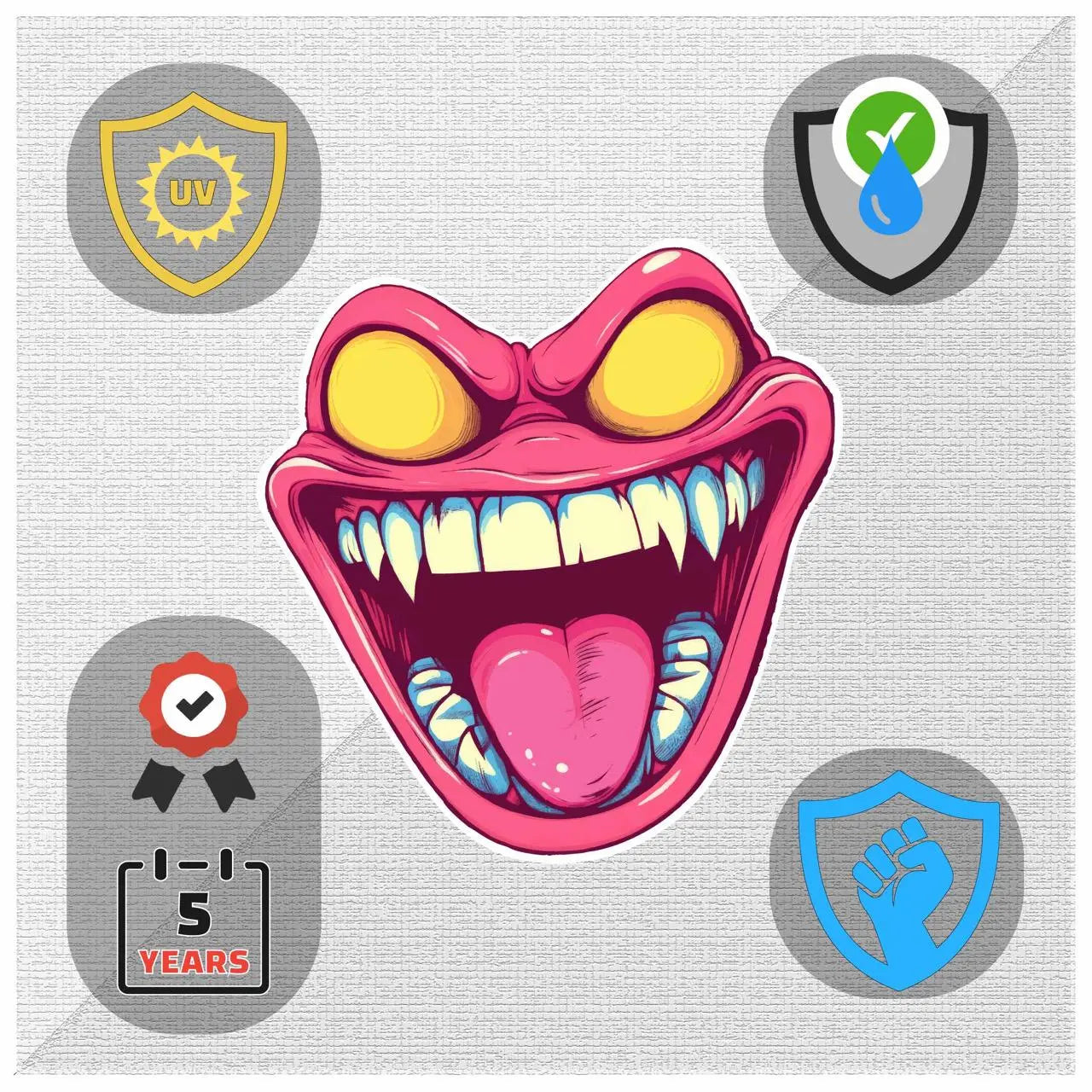 Here are a few options for alt text, keeping under 100 characters:

* **Jeep with monster face sticker on spare tire.**
* **G