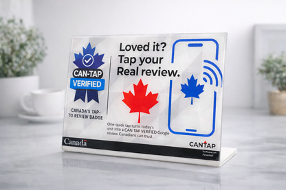 CAN-TAP Verified NFC Google review stand for Canadian small business — pre-programmed in Ontario, no subscription required