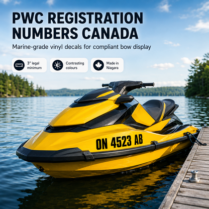 PWC registration numbers Canada decal displayed on jet ski docked at a Canadian lake