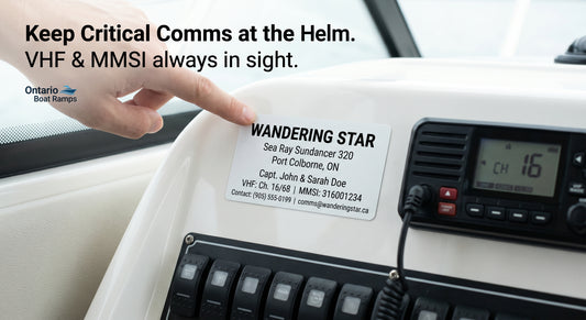 Boat card sticker applied to a Sea Ray helm next to VHF