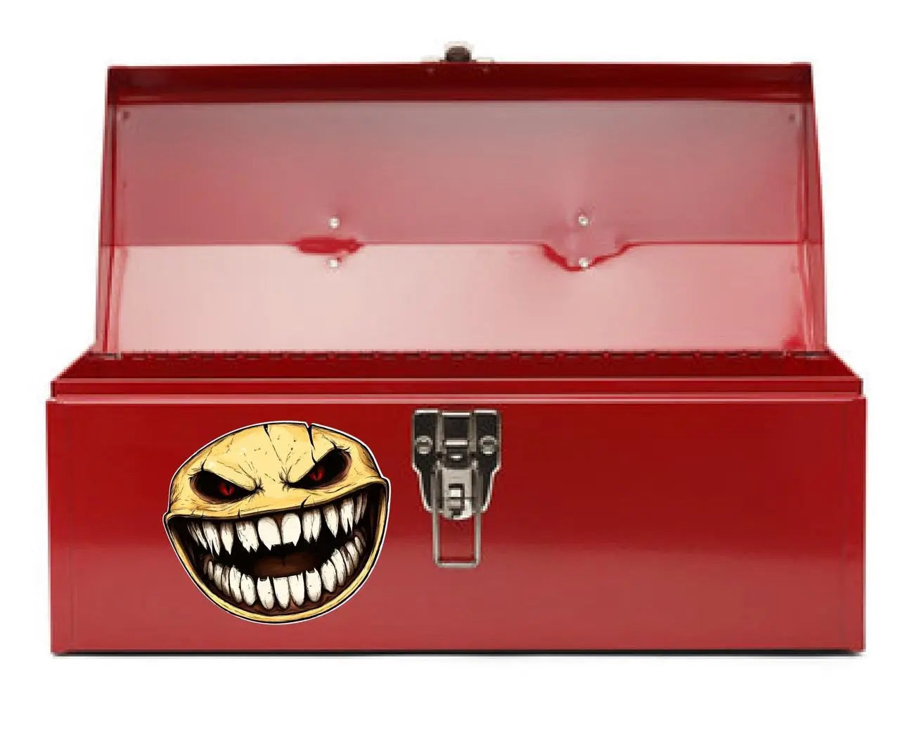 Here are a few options for alt text, keeping under 100 characters:

*   **Scary toothy face sticker on car window.**
*   **Me
