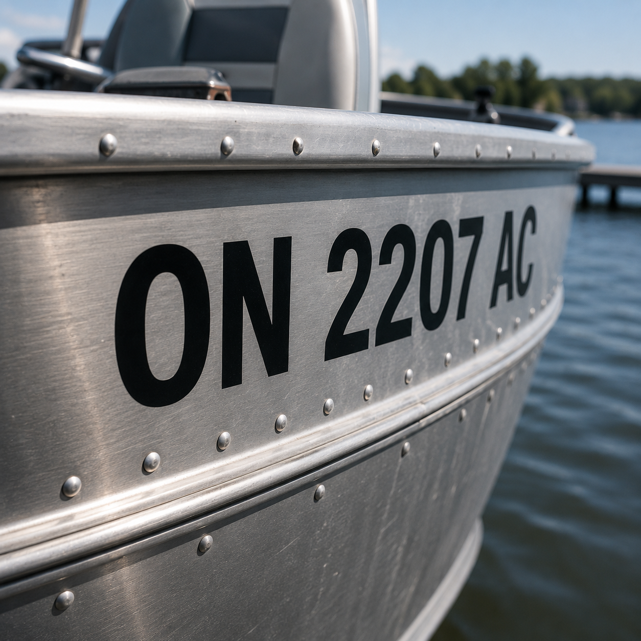 Aluminum fishing boat registration numbers reading ON 2207 AC in black cut vinyl applied directly to a riveted aluminum hull at a lake dock