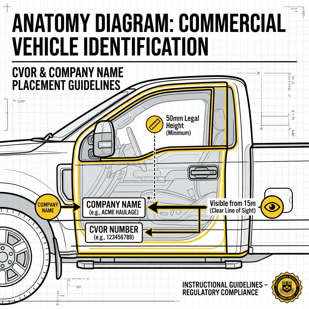 Commercial vehicle compliance diagram showing legal lettering placement