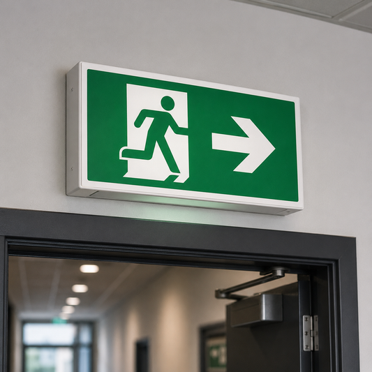 AODA high-contrast green running-man pictogram exit sign mounted above a doorway on an interior wall