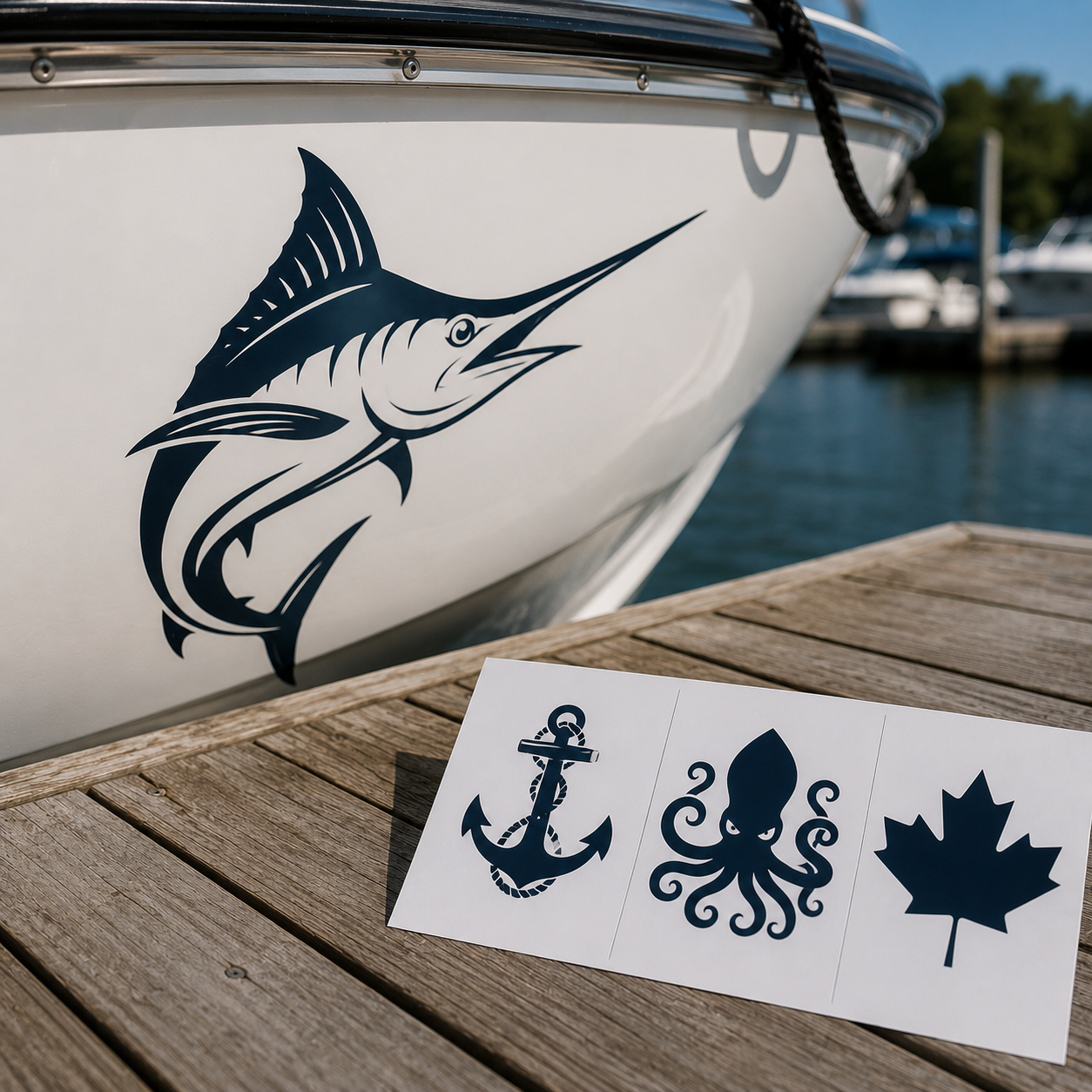 Boat mascot hull graphic of a navy marlin applied to a white boat bow, with a sheet of anchor, kraken and maple-leaf decal options on the dock