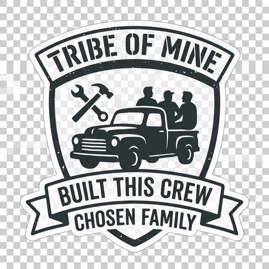 Built This Crew vinyl decal applied to a dark grey pickup truck tailgate — premium cast vinyl truck graphic