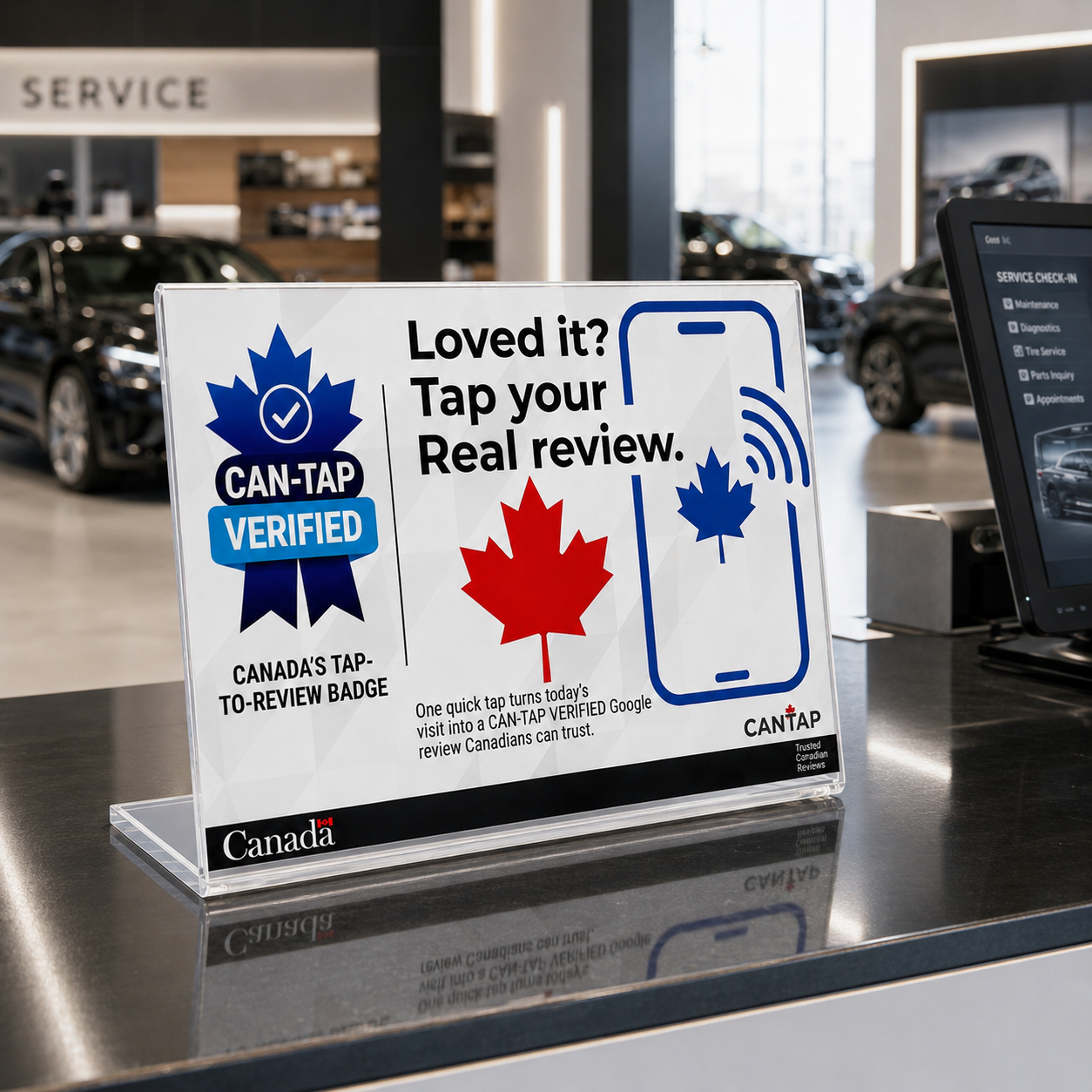 CAN-TAP Verified NFC review stand on a Canadian auto dealership service desk