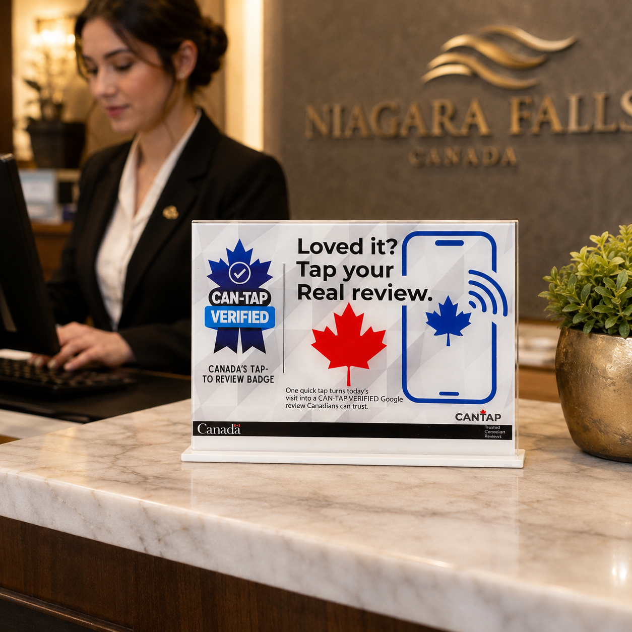 CAN-TAP Verified NFC review stand at a Niagara Falls, Canada hotel reception