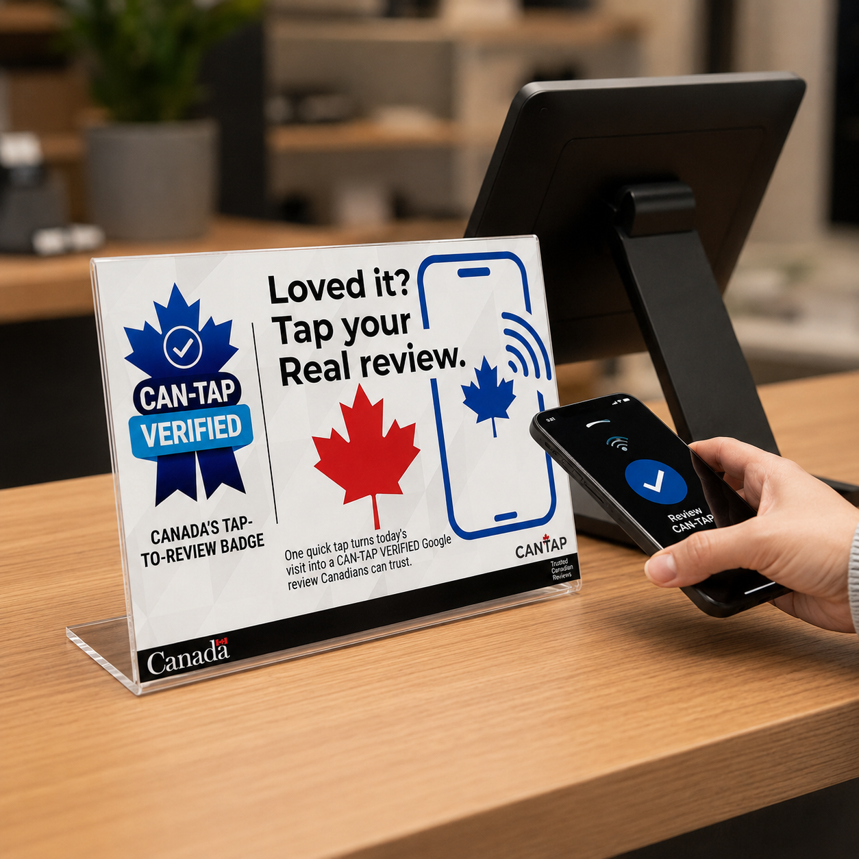 Customer tapping their phone on the CAN-TAP Verified NFC review stand at a Canadian business counter