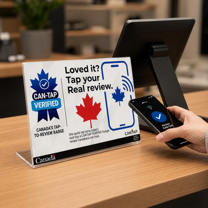 Customer tapping their phone on the CAN-TAP Verified NFC review stand at a Canadian business counter