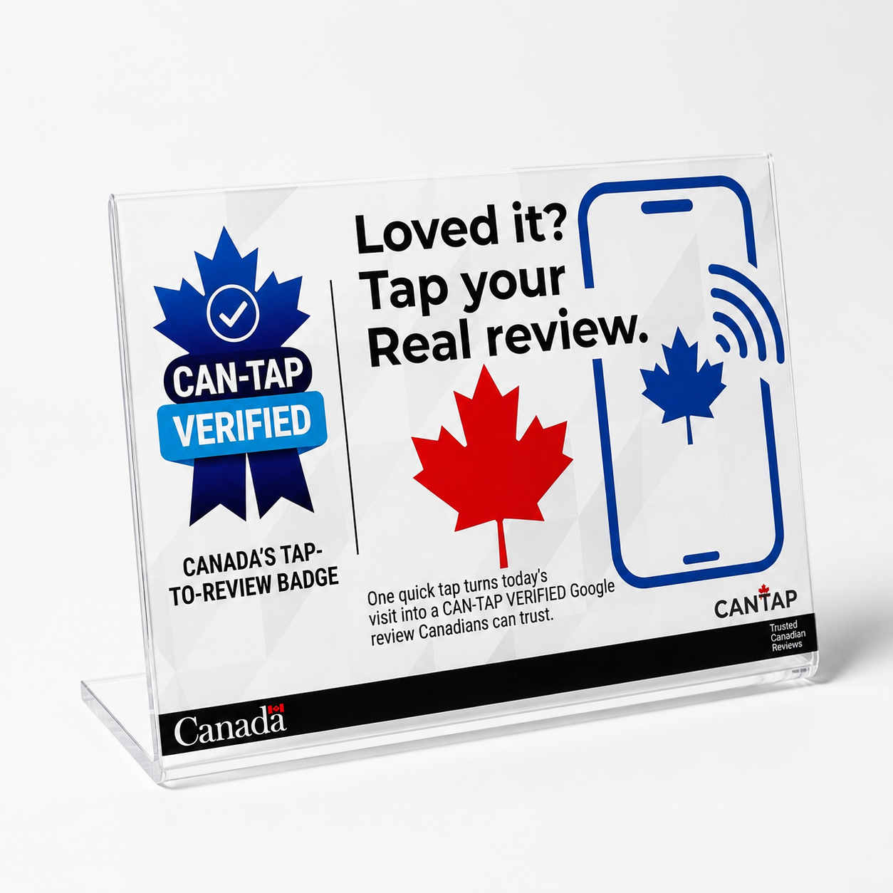 CAN-TAP Verified NFC review stand — premium acrylic display, made in Port Colborne, Ontario