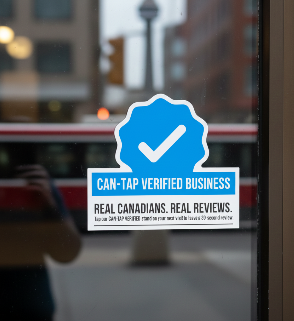 CAN-TAP Verified Business window badge on a Toronto storefront — blue checkmark priming trust before customer enters