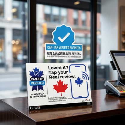 CAN-TAP Verified NFC review stand combo kit — white PVC cards plus countertop display, made in Port Colborne Ontario