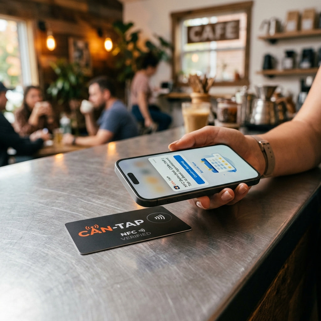 CAN-TAP Reputation Engine customer tap flow in a cafe