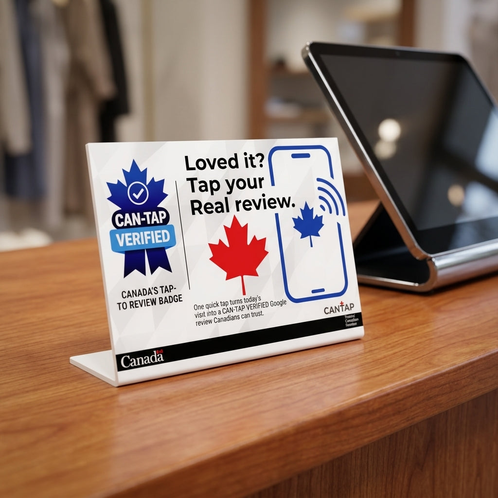 CAN-TAP Verified NFC review stand on retail countertop ready for customer tap