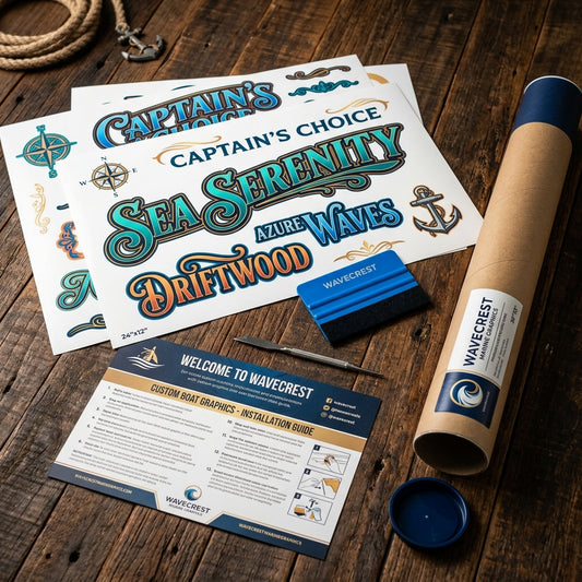 Premium custom boat name graphic package with marine vinyl sheets, application squeegee, and protective shipping tube