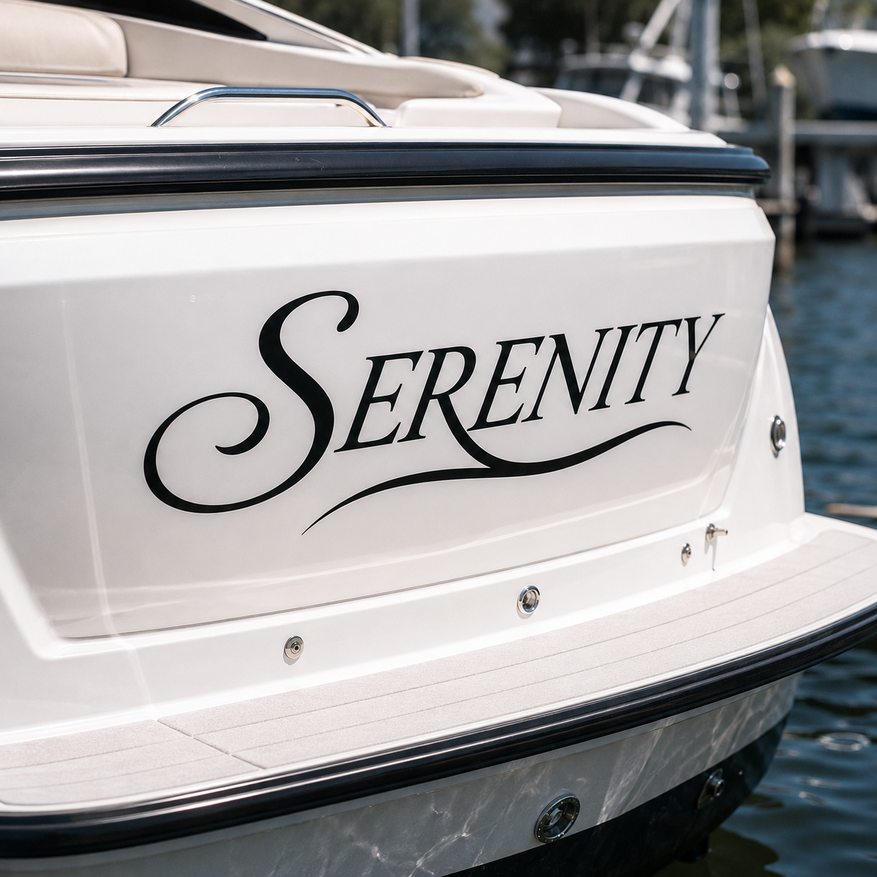 Custom boat name decal reading SERENITY in elegant cut-vinyl lettering on a boat transom at the water's edge
