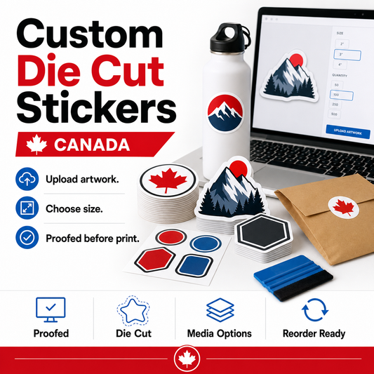Custom die cut stickers Canada with laptop, bottle, mailer, sticker stacks and proof-before-print ordering benefits.