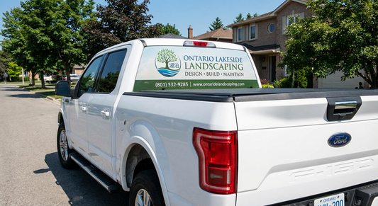 Custom perforated rear window graphics for Ontario vehicles allowing clear visibility