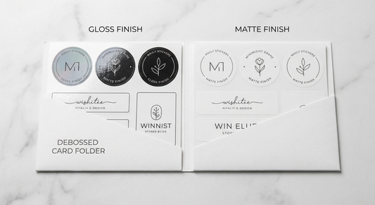 Custom sticker sample pack for Ontario businesses showcasing vinyl finishes and sizes
