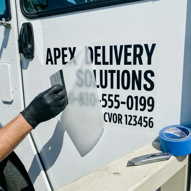 Commercial carrier number decals being installed on a truck door