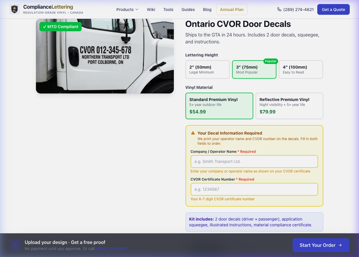 Compliance lettering order form and vehicle identification checklist