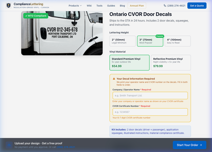 Compliance lettering order form and vehicle identification checklist