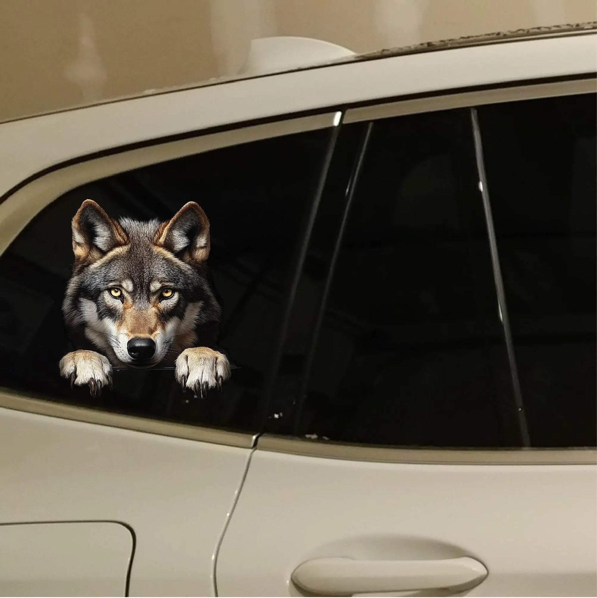 Wolf peeking from behind a tree, waterproof vinyl decal for cars and laptops