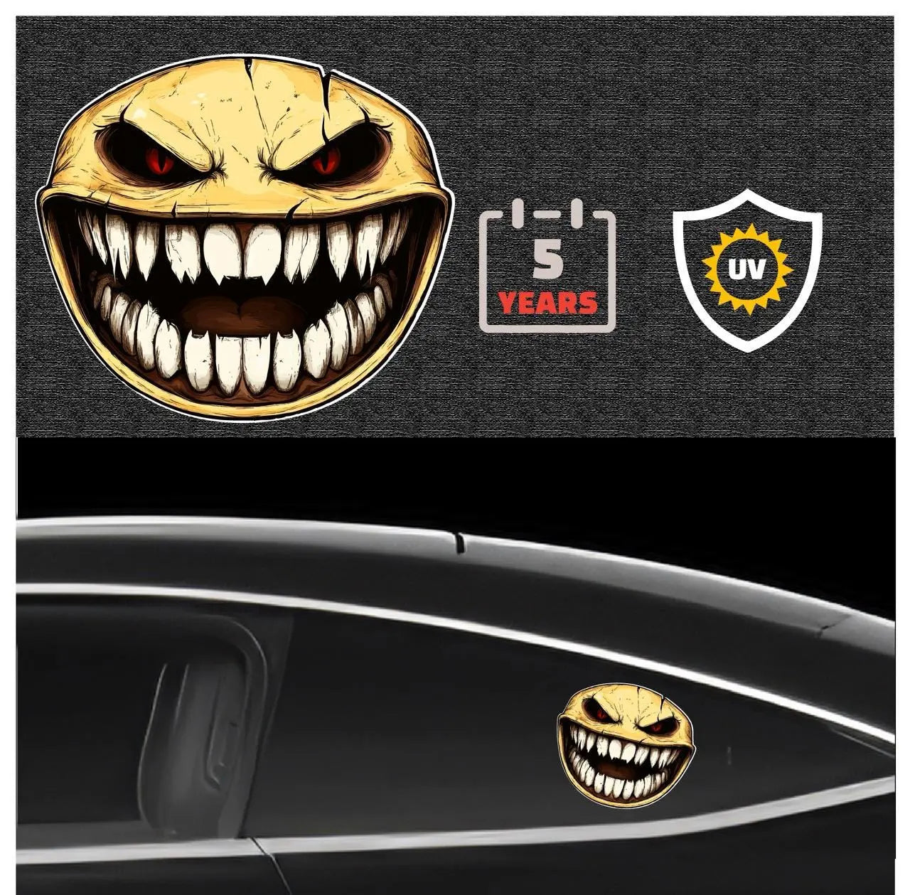 Here are a few options for alt text, keeping under 100 characters:

*   **Scary toothy face sticker on car window.**
*   **Me