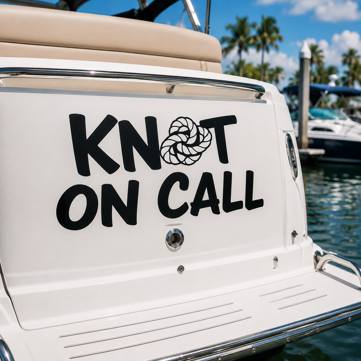 Funny boat name decal reading KNOT ON CALL with a rope-knot graphic in bold black cut vinyl on a white boat transom at a sunny marina