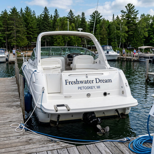 Custom boat name lettering on a Great Lakes cruiser transom