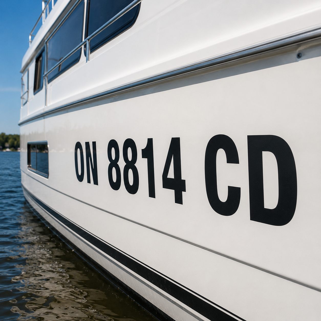 Large houseboat registration numbers reading ON 8814 CD in big black cut vinyl applied directly to a white hull on the water