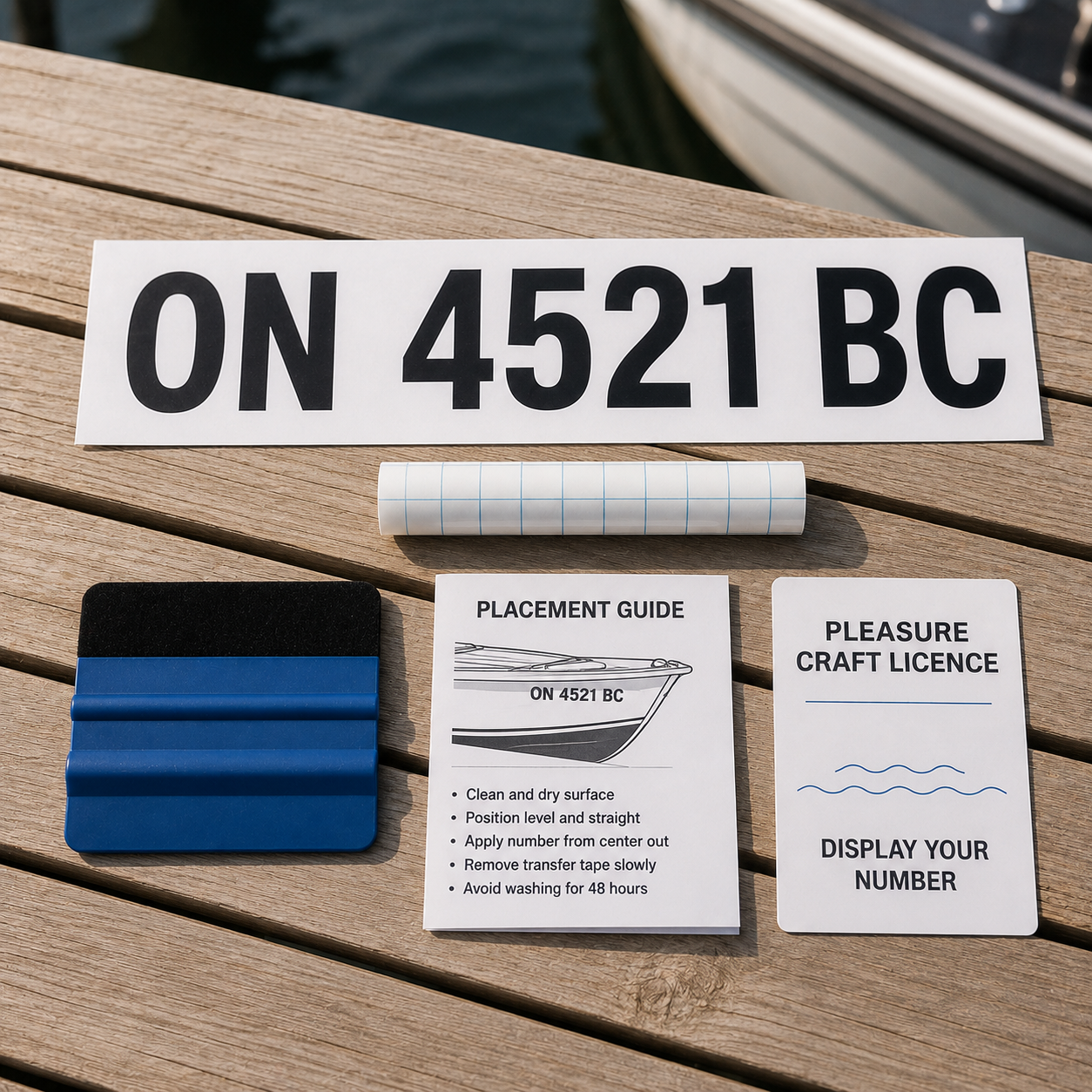 Launch Ready Boat Kit flat-lay on a dock: boat registration numbers ON 4521 BC, transfer tape, application squeegee, placement guide and Pleasure Craft Licence display card