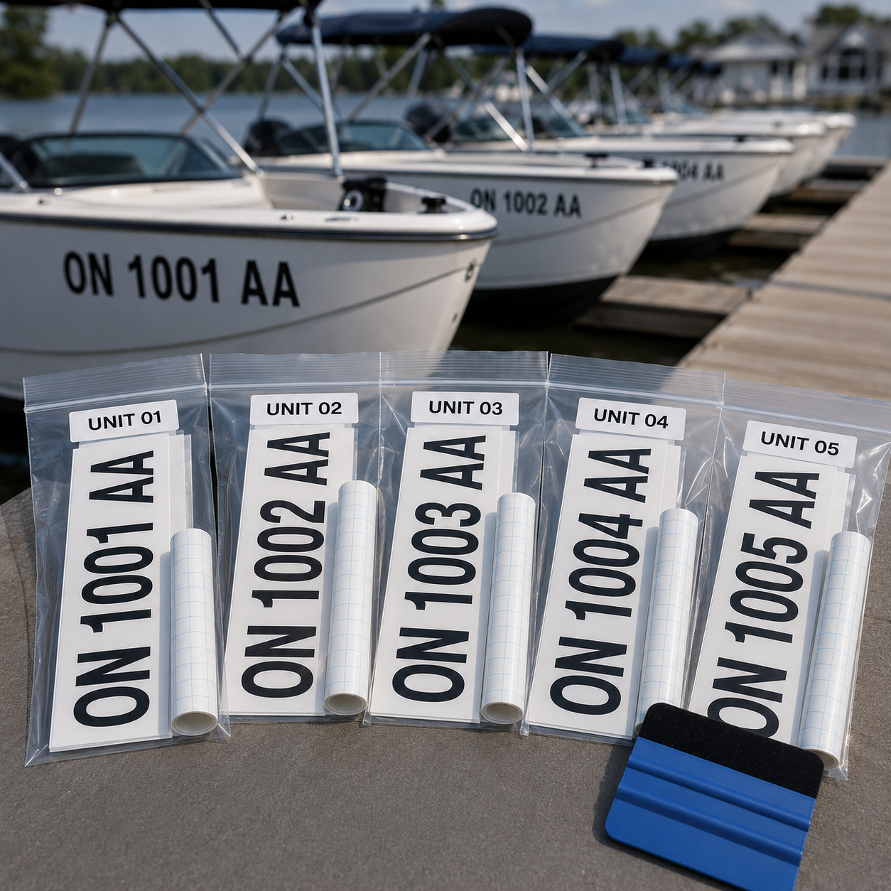 Marina rental fleet registration kit: individually labelled UNIT 01 to UNIT 05 bags of boat registration numbers with transfer tape, in front of a row of rental boats at a dock